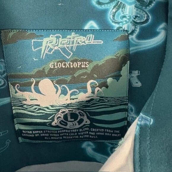 Retro Rifle Shirt Mens Large Teal Glocktopus Short Sleeve Button Up Stretch - Picture 3 of 7